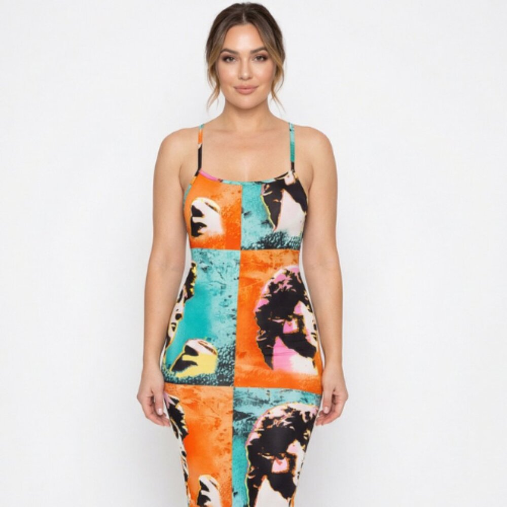 Y2K Pop Art Graphic Bodycon Midi Dress – 90s Inspired